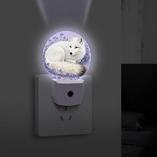 Arctic Fox in Violets Night Light - LED Plug-in Wall Nightlight with Auto On/Off, Dusk to Dawn Sensor Bedside Lamp Soft Warm White Light for Bedroom, Bathroom, Hallway