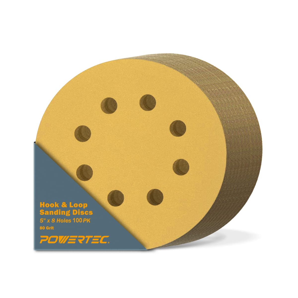 POWERTEC 44008G-50-P2 5 pollici 8 fori dischi abrasivi con gancio e anello, grana 80, 100 PK, carta vetrata per levigatrici orbitali Ramdom, levigatrice pneumatica, carrozzeria