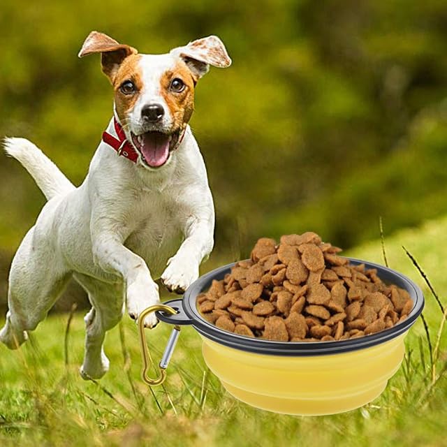 Foto 4 de 5 de Skingwa Tazón de agua de viaje para perros, cuenco de viaje para mascotas con mosquetón, 380 ml (amarillo)