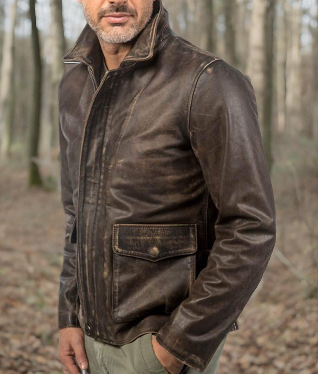 LP-FACON Mens Vintage Distressed Brown Leather Jacket - Classic Shirt Collar Style Jacket - Image 6