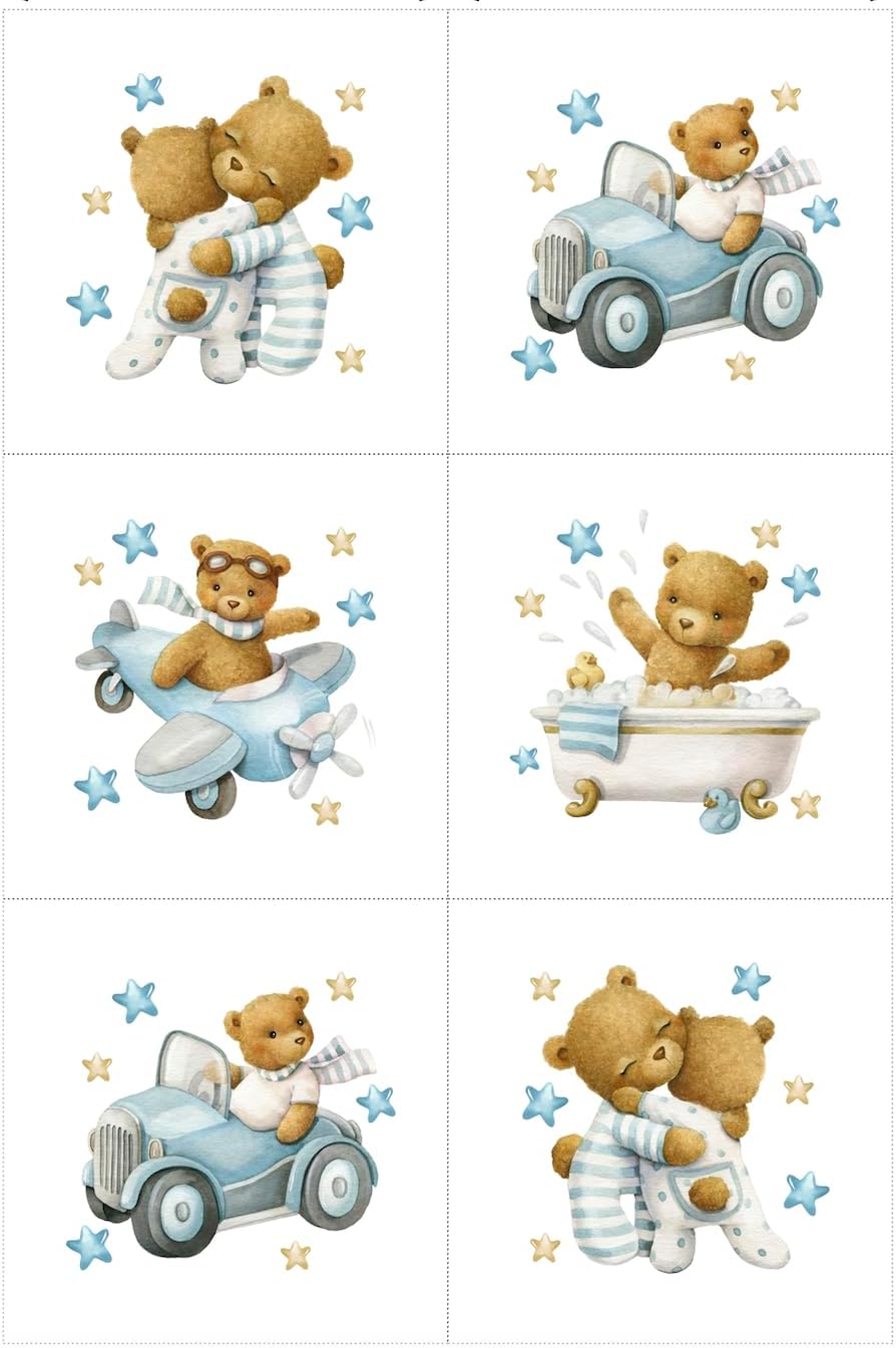 UNIQUE Baby Bear Fabric Panel Set (6 Panels, 12x12in Each), Quilting Panels, Blue Cotton Sateen, Print