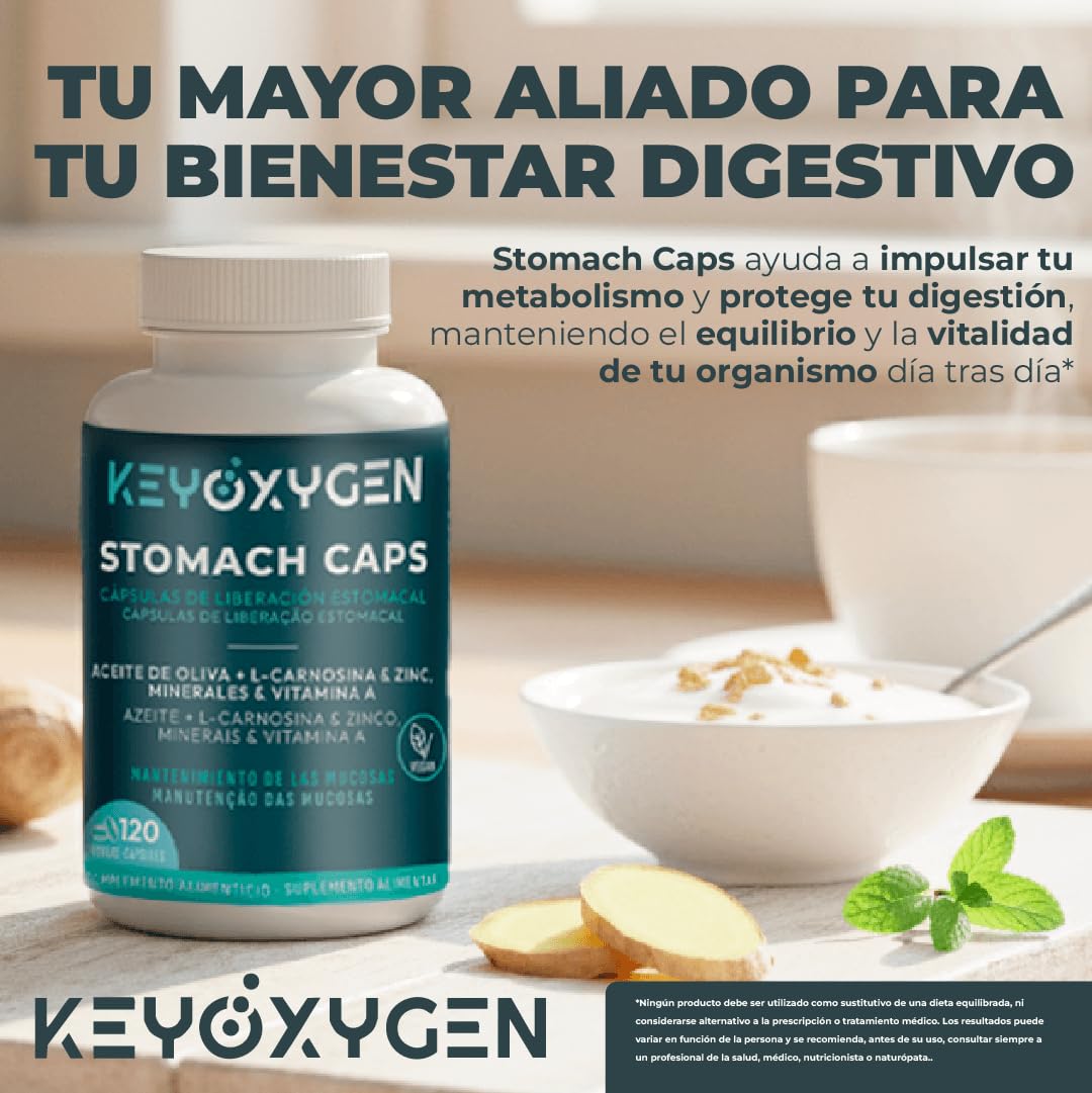 Enzimas Digestivas Liberación Estomacal con Zinc + Vitamina A Y L-Carnosina - Complemento Alimenticio Vegano para El Mantenimiento de las Mucosas 120 Cápsulas | KeyOxygen Stomach Caps