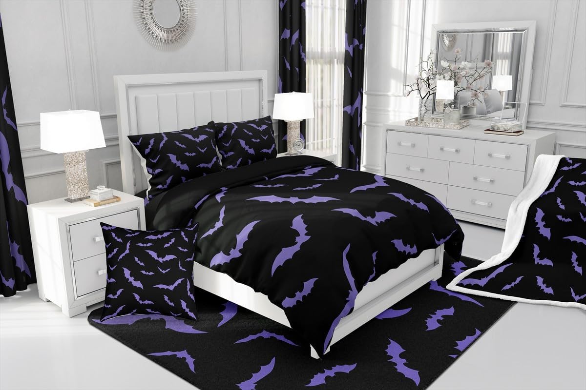 Erosebridal Happy Halloween Duvet Cover with 1 Pillow Case Dark Purple Gothic Bats Comforter Cover Toddler Size for Kids Boys Black Spooky Cartoon Gothic Bedding Set