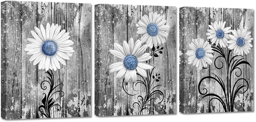 Zlove Daisy Bathroom Decor Rustic Bathroom Wall Art - Grey Blue Daisy Wall Decor Flower Pictures for Bedroom Kitchen Living Room, 12"X16", 3pcs