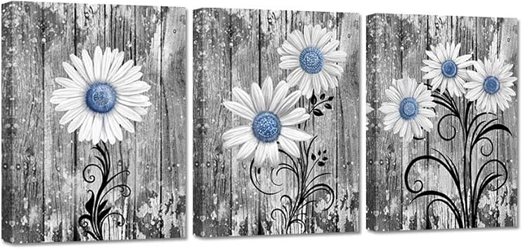 Zlove 3 Pieces Daisy Bathroom Wall Art | 12x16 Inches, Grey Blue Flower Print, Bathroom Bedroom Kitchen Decor