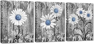 3 Pieces Bathroom Picture Wall Decor Rustic Blue Daisy Flowers Giclee Print Gallery Wrap Modern Floral Home Kitchen Decor Ready to Hang 12x16inchx3pcs