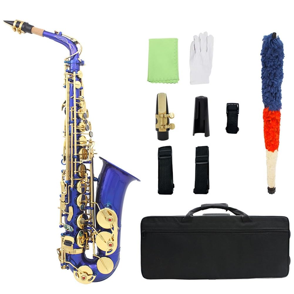 Saxofón Alto Latón Lacado Azul Mi Saxo Plano Instrumento Musical de Viento de Madera Tallado a Mano para Principiantes para Tocar Instrumentos Musicales