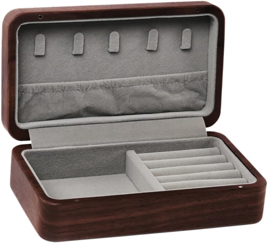 Portable Retro Black Walnut Jewelry Box Travel Case with Magnetic Closure Soft Sponge Protection for Rings Necklaces and Earrings