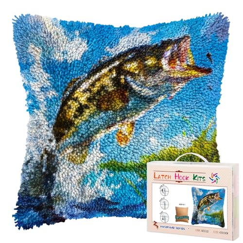 Fish Bass Bite Fishhook Jump DIY Latch Hook Pillow Kits for Adults Printed Pillowcase Crochet Yarns Hooking Handmade Pillow Cover Cushion for Home Sofa Decoration 17x17inch