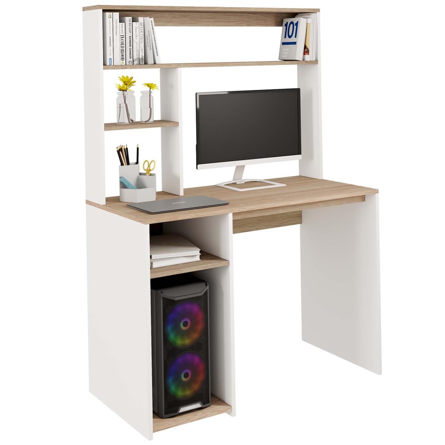 IDMarket - Bureau avec étagères de Rangement DAN Blanc et façon hêtre