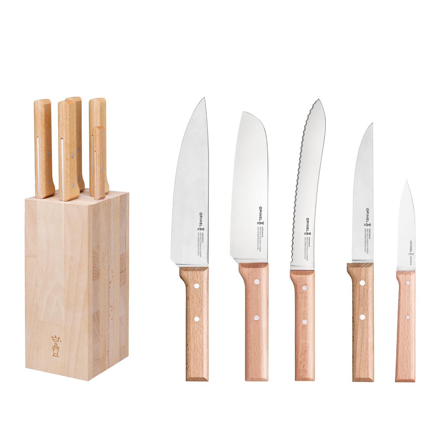 Opinel Parallele - Set di 5 coltelli da cucina con ceppo, lame in acciaio inox ad alto tenore di carbonio, manici in legno di faggio (blocco da 5 pezzi, coltello da pane)
