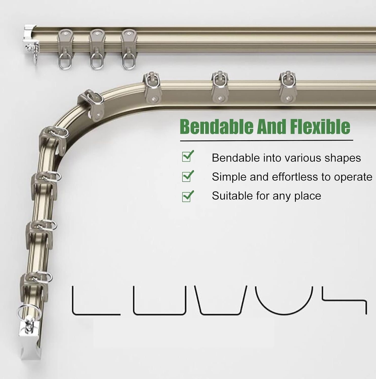 1m-12m Long Black Bendable Ceiling Curtain Railing, L Shape U Shape Flexible Curtain Tracks and Fittings(Ceiling Mount,1.5m/4.9ft)