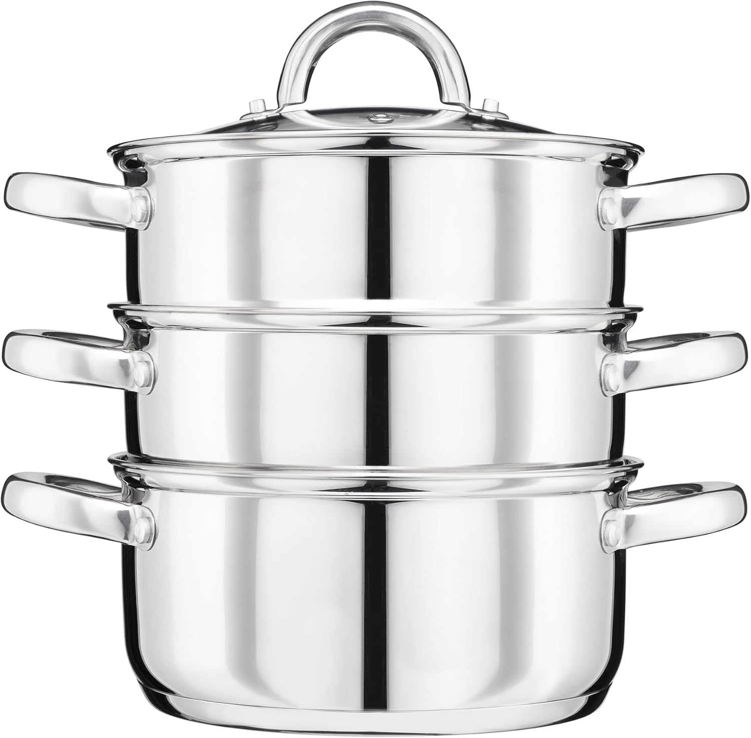 Cooks Professional 3 Tier Stainless Steel Steamer Pan | Durable Vegetable Steam Cooker Pots with Glass Lid, Vent & Twin Handles | Suitable for All Hobs Inc Induction | Dishwasher Safe | 22cm Diameter