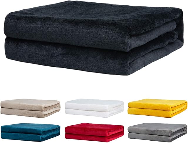 Rendiele Fleece Throw Blankets Super Soft Flannel Fleece Blankets Fluffy Warm Solid Color Blankets for Bed and Sofa, Black, 125x150cm