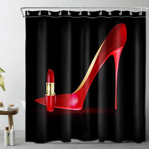 LB Cortina de ducha de tacón alto rojo de 72 x 72 pulgadas, cortina de baño negra moderna de tela de poliéster impermeable, ganchos para cortina de