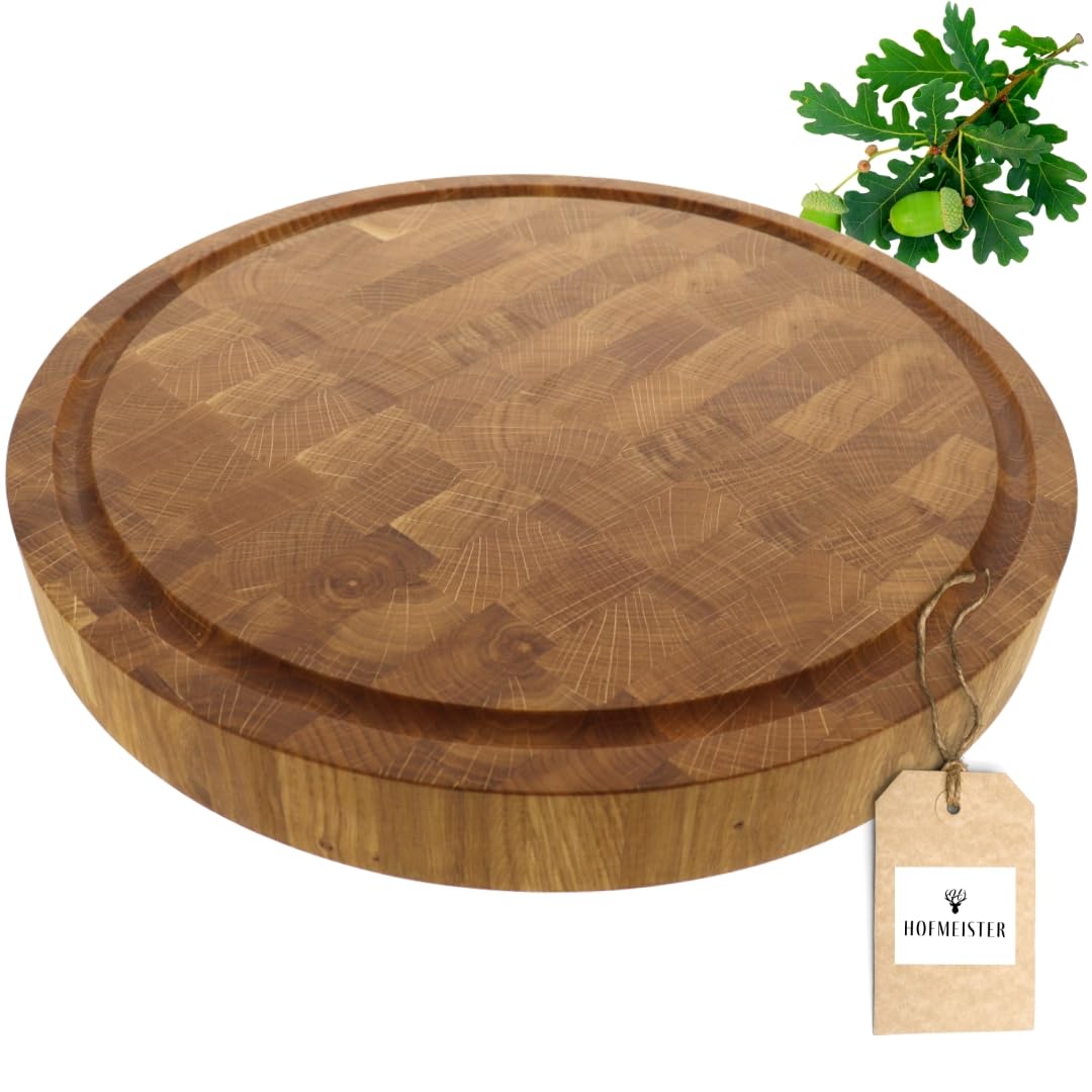 HOFMEISTER® Stirnholz Schneidebrett rund aus Eiche Ø 35 cm – massives Holzbrett mit Saftrille – robust, messerschonend & langlebig – Servierbrett & Küchenbrett
