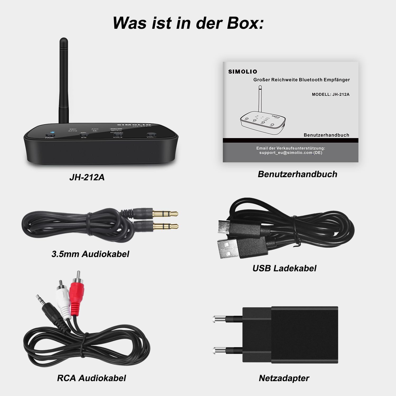 SIMOLIO JH-212A Bluetooth Empfänger für Stereoanlage, Bluetooth Audio Adapter Receiver mit Cinch & 3.5mm AUX, aptX Low Latency und aptX HD, Bis zu 197 Fuß Lange Reichweite