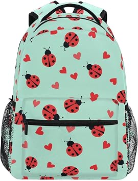 Ladybug Little Hearts Backpack Water-Resistant Lightweight Bookbags Travel Bag with Mesh Side Pockets