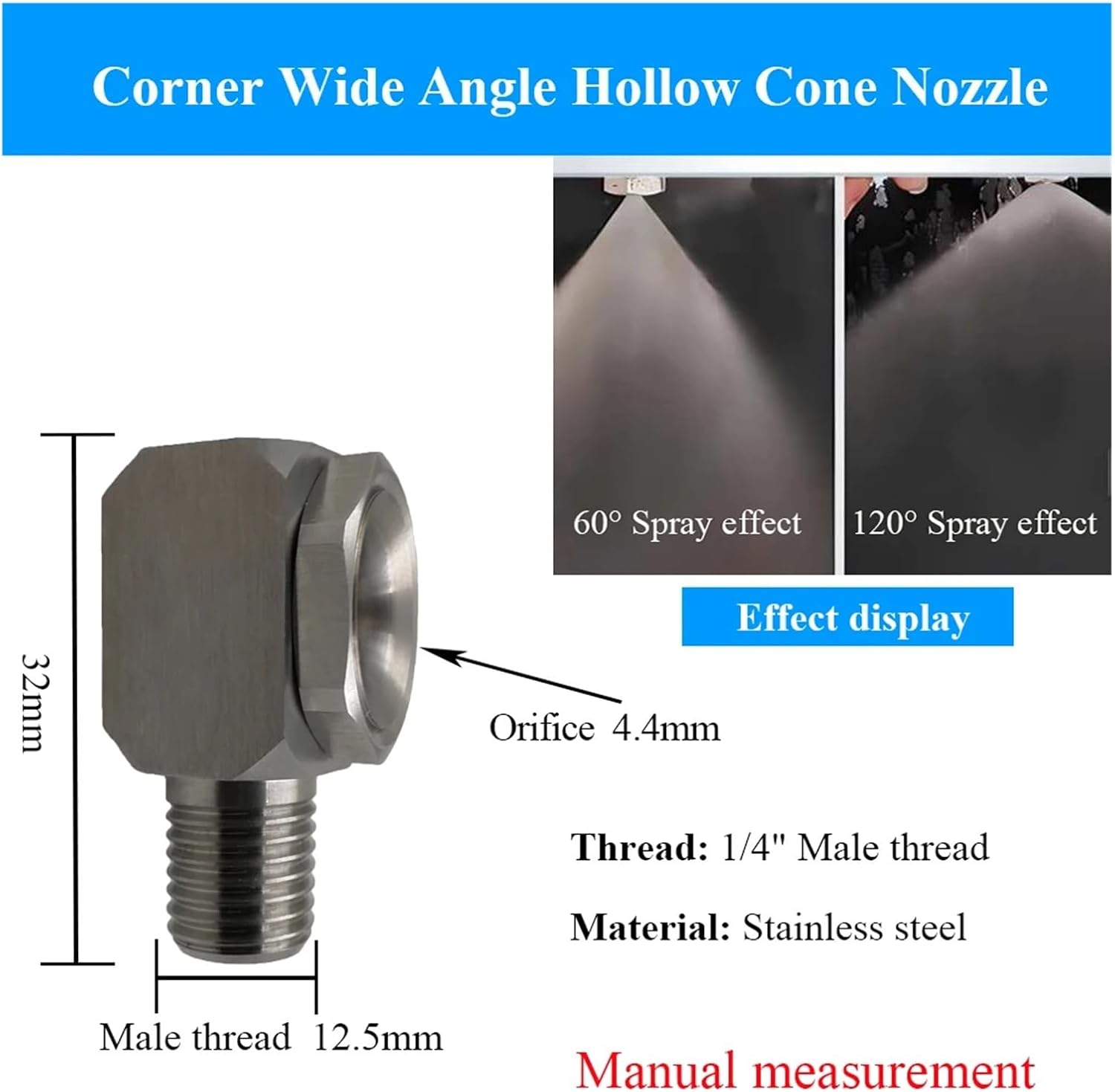 Stainless Steel Wide Angle Hollow Cone Nozzle, High Pressure Atomizing Spray Tip for Industrial Cleaning & Humidification(1of4 4.4mm)