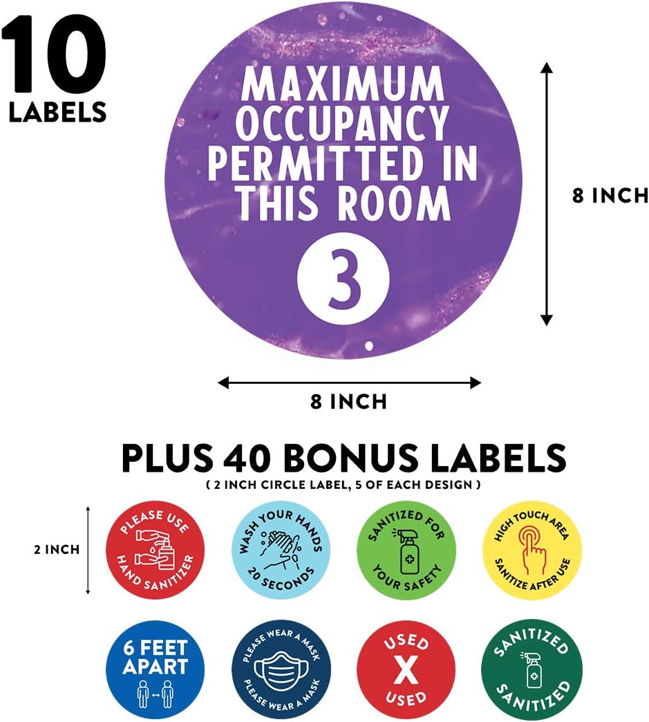Andaz Press Building Bathroom Office Social Distancing Maximum Occupancy In Room 3 Persons Business Signs, 50 Labels, 10-Pack 8" Round Labels + 40-Pack 2" Circle Vinyl Sticker Decals