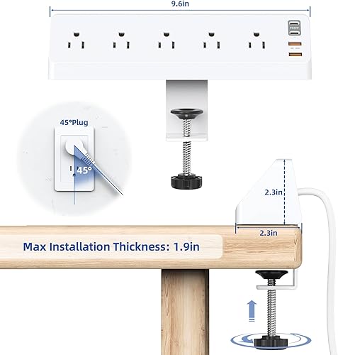 Miniatura 6 de Regleta de alimentación con abrazadera de escritorio con USB C (20 W PD), estación de carga de escritorio con 5 tomacorrientes, 4 USB, cable de