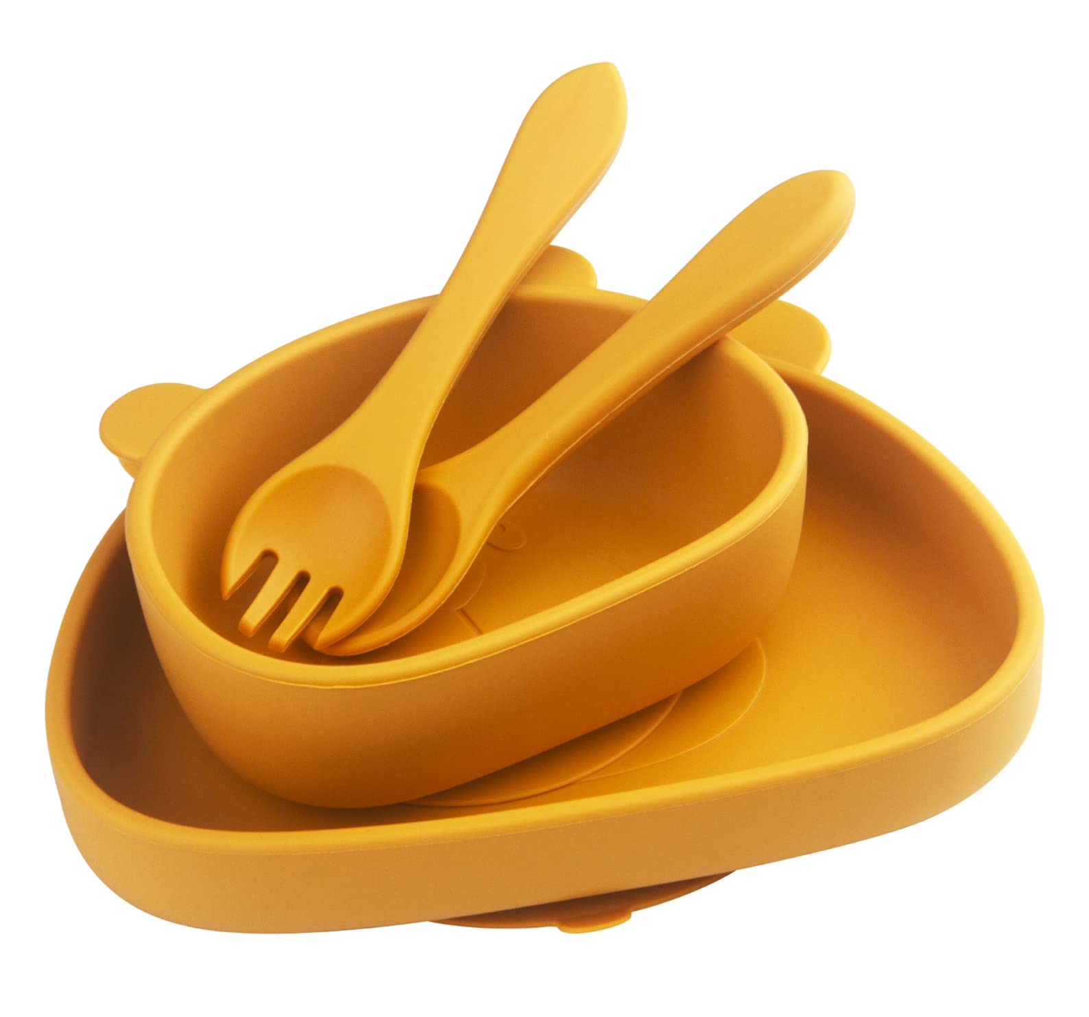 Set Vaisselle pour Bébé Silicone avec Ventouse, 4 Pièces, Set Repas pour Enfants, Inclus Anti-dérapant Assiette, Bol, Cuillère + fourche, Compatible Lave-vaisselle, Micro-onde, sans BPA (jaune)
