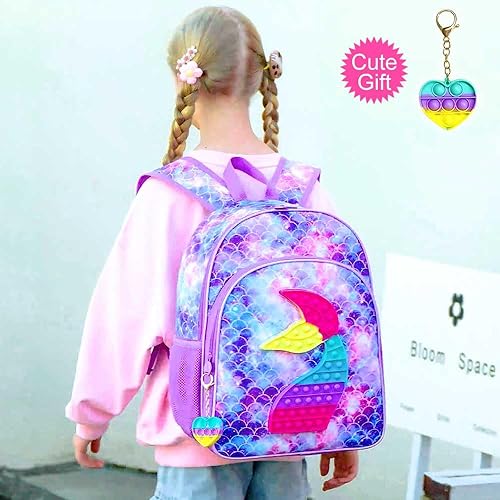 Miniatura 2 de CCJPX Mochila infantil de 3 piezas para niños y niñas, 16 unicornios, sirena, dinosaurio, preescolar, bolsa de libros y lonchera, Pescado Púrpura,