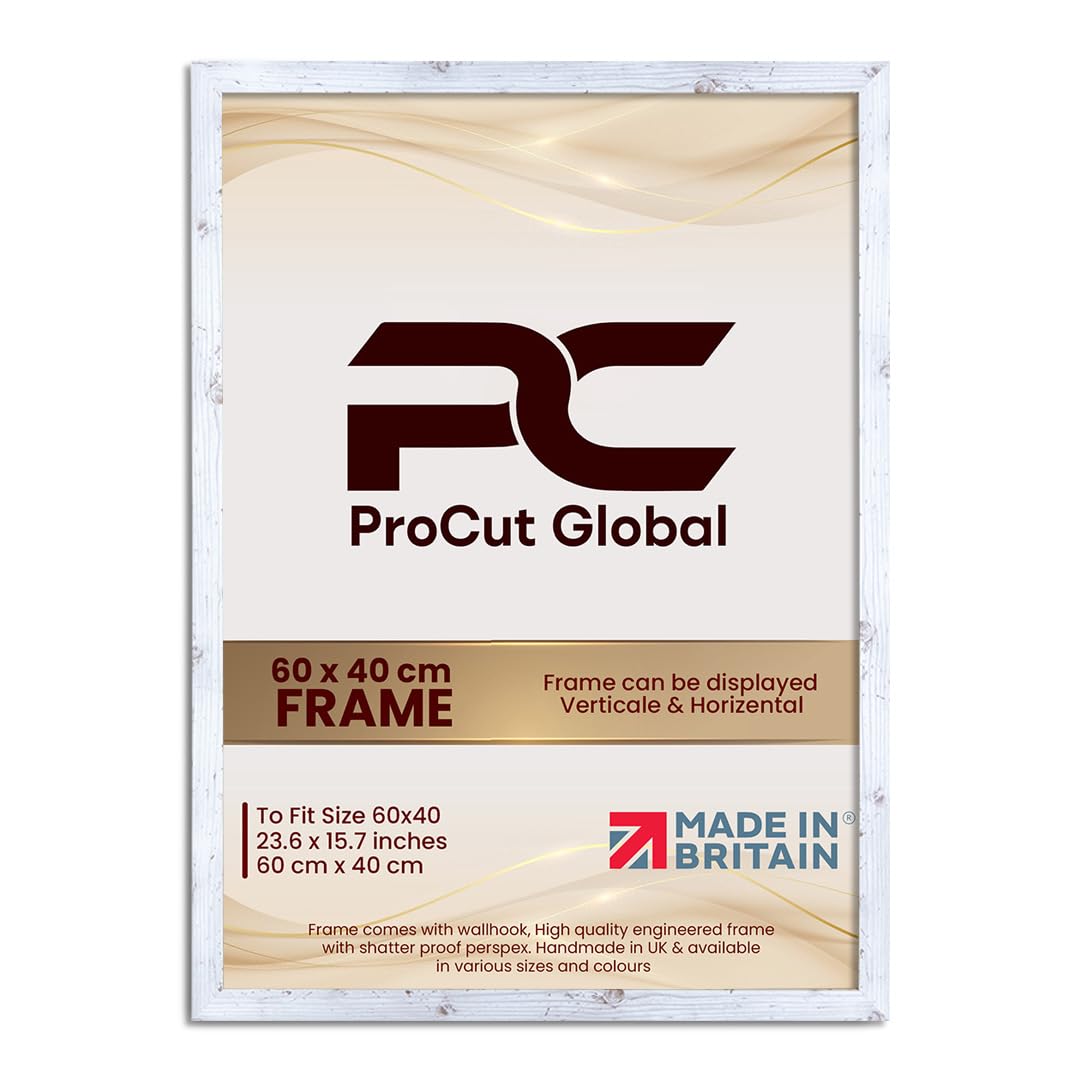 Procut Global 60X40CM White Rustic Picture Frames - Modern Wooden Photo Frame with Shatterproof Perspex for Wall or Tabletop - Perfect for Posters, Certificates, Prints - Sizes & Colors Available