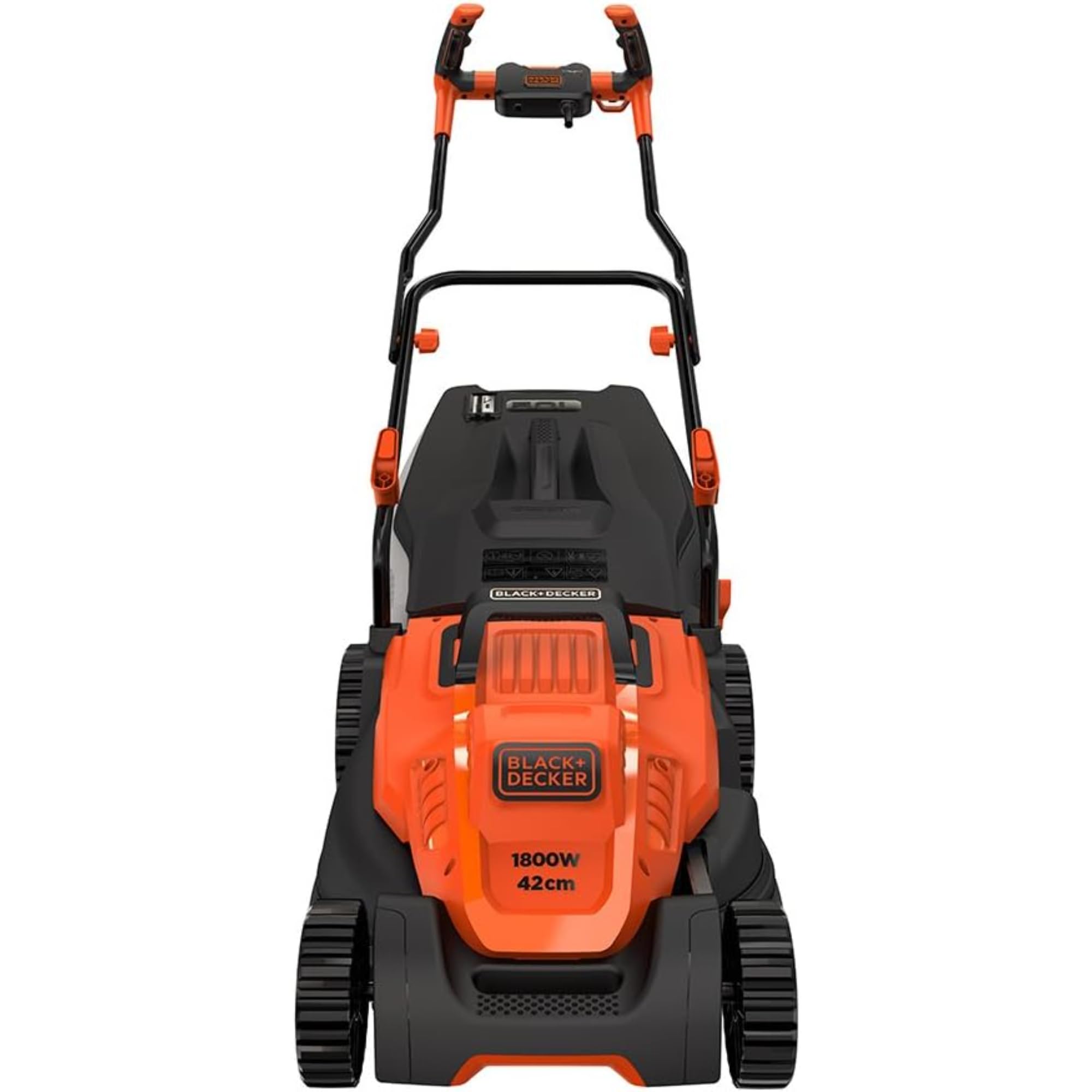 Black+Decker Elektro-Rasenmäher mit Fahrradlenker-Griff (1.800W, 42cm Schnittbreite, 6-Fach Höhenverstellung, 50l Grasfangbehälter, ideal für große Gärten) BEMW481BH