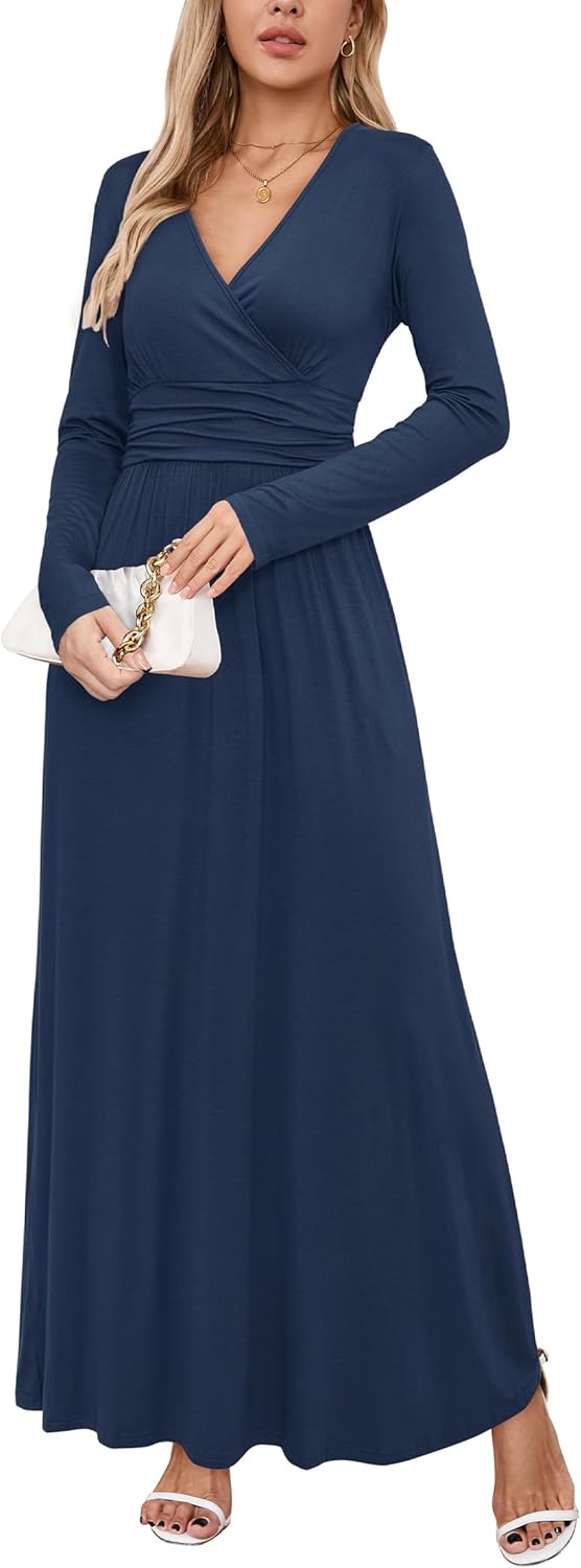 OUGES Women's Long/Short Sleeve V-Neck Wrap Waist Maxi Dress