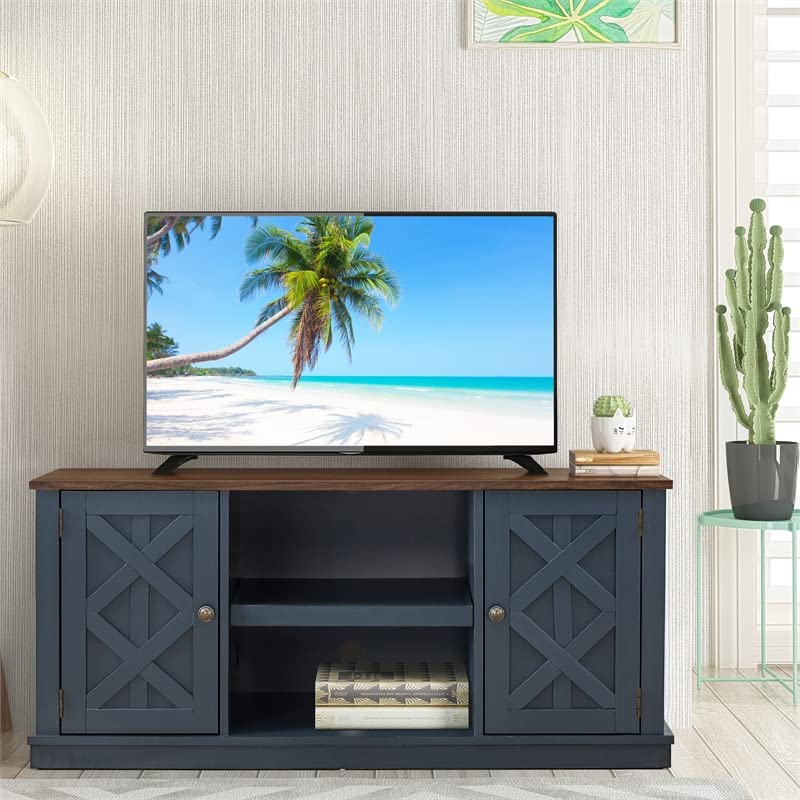 LIVILAND TV Stand for TV up to 60 in. w/Storage Cabinet & Open Shelf -Navy Blue