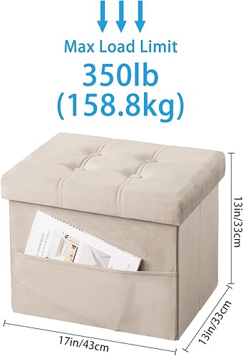 Miniatura 9 de Taburete otomano de almacenamiento, otomana plegable de 17 pulgadas con almacenamiento, banco de almacenamiento de terciopelo con bolsillo lateral,