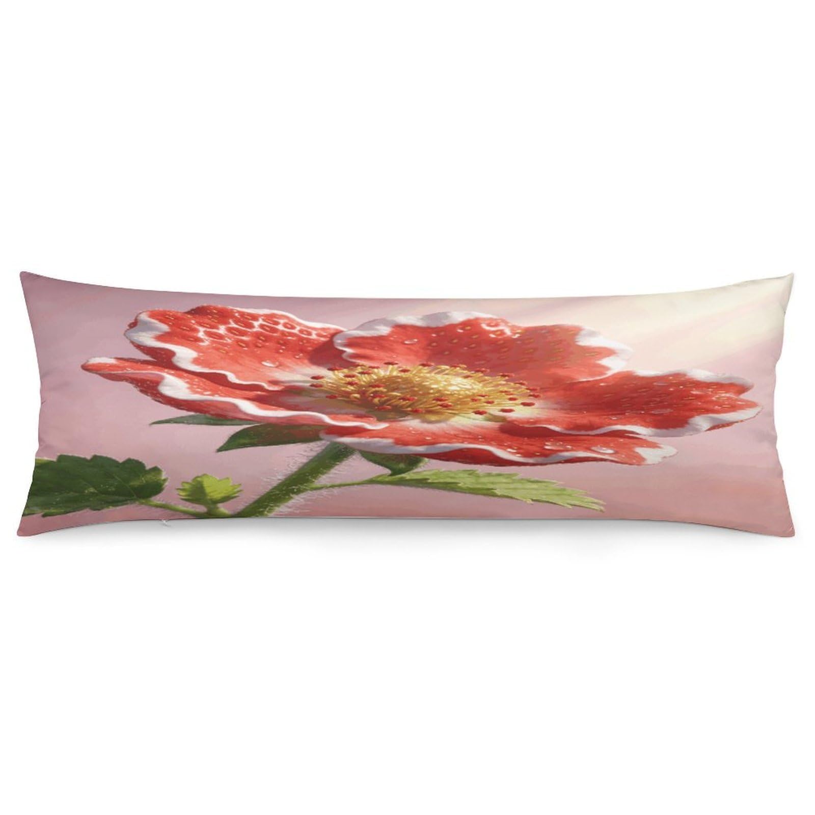 Strawberry Flower Pillowcase Long Body Pillow Cover Soft Decorative Body Pillow Case Breathable Large Pillowcase Cute Cozy Pillow Protector for Bed Sofa Couch Room 18.9 X 53 Inch