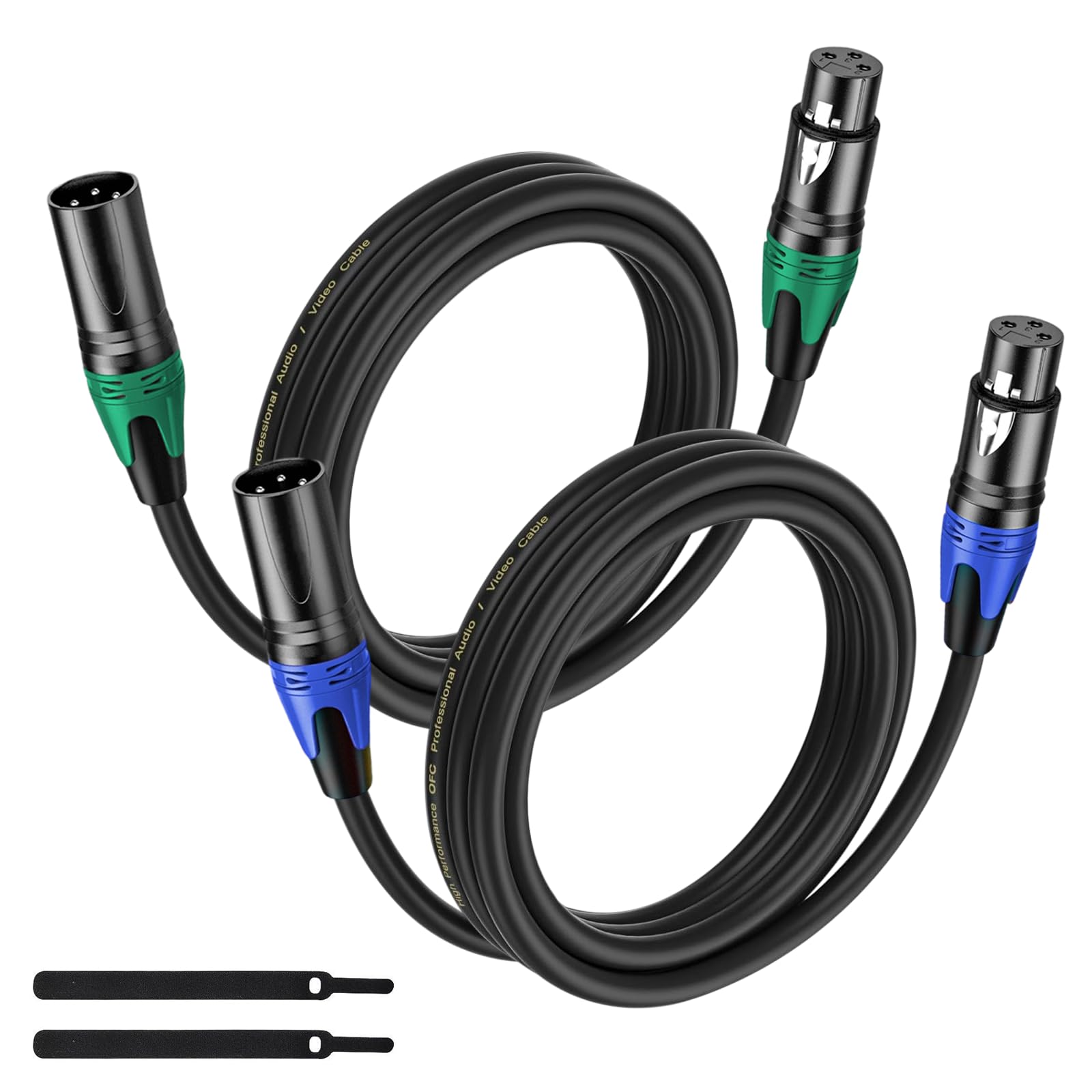 XLR-Kabel, 2 m, hochwertiges symmetrisches Mikrofonkabel mit 3-poligem XLR-Stecker auf Buchse, Mikrofon-Lautsprecherkabel, schwarz mit 2 Farben (Blau und Grün), reines Kupfer und beschichtete
