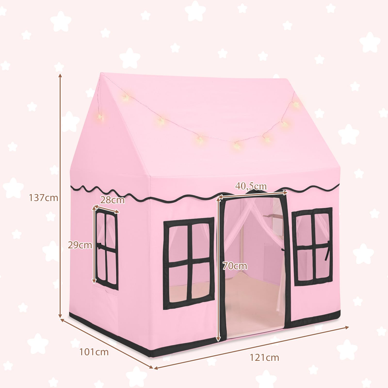 HOMASIS Tente Enfant En Coton Avec Guirlande étoilée – Maison De Jeu Spacieuse 121x101x137 Cm, Rideaux Et Pochettes – Dès 3 Ans (rose)