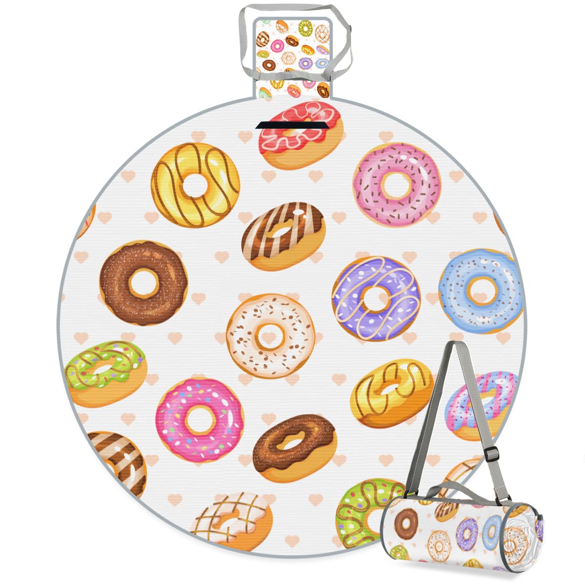 Shimoshe Heart Donut Picnic Outdoor Blanket Foldable Waterproof Sandproof Beach Blanket Portable Water-Resistant Round Picnic Mat for Travel Camping Park Lawn