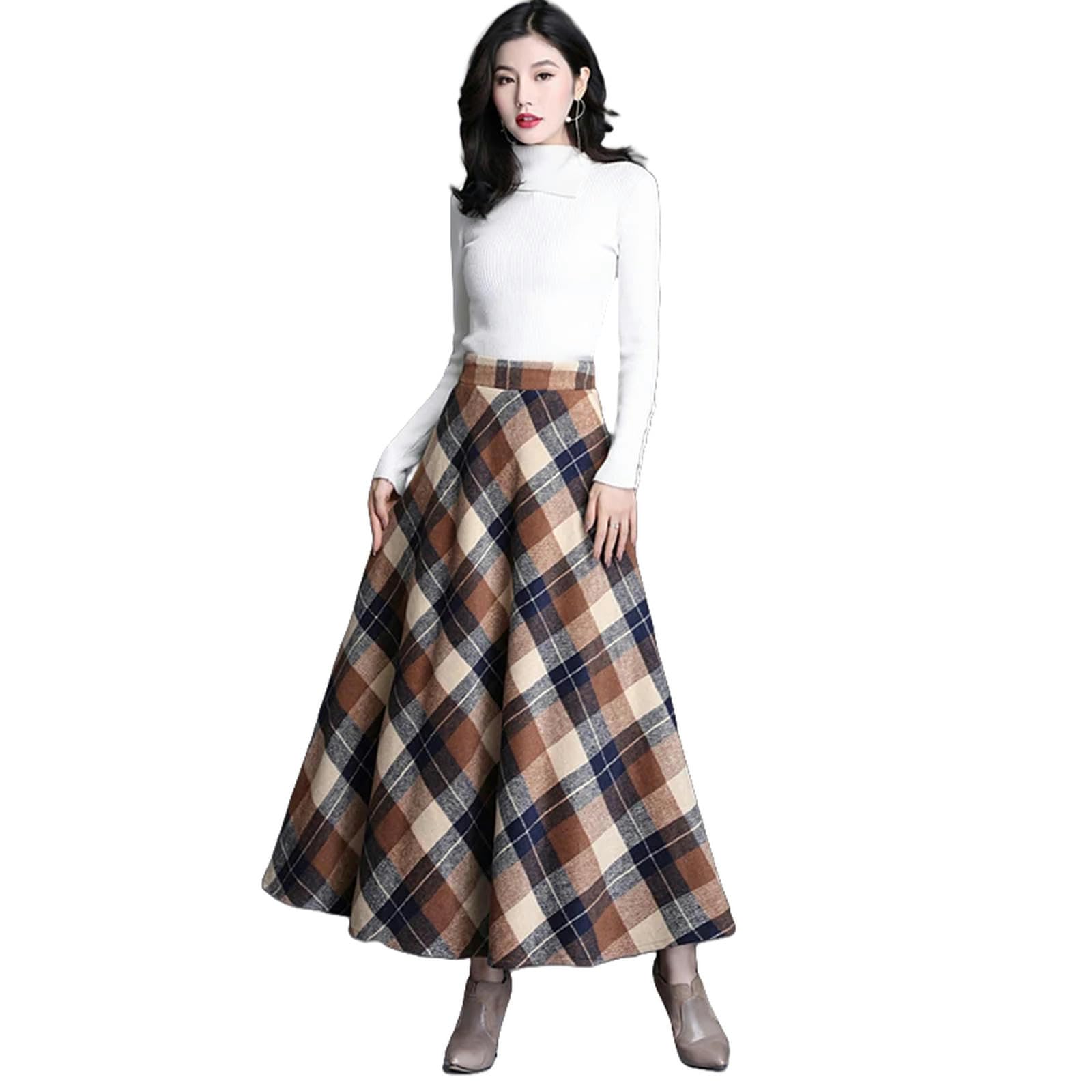 Damen Rock Frauen Hoher Taillenrock Vintage Falten Eine Linie Flared Skater Länge Midi Swing Kleid-Khaki -Rock-XXXL