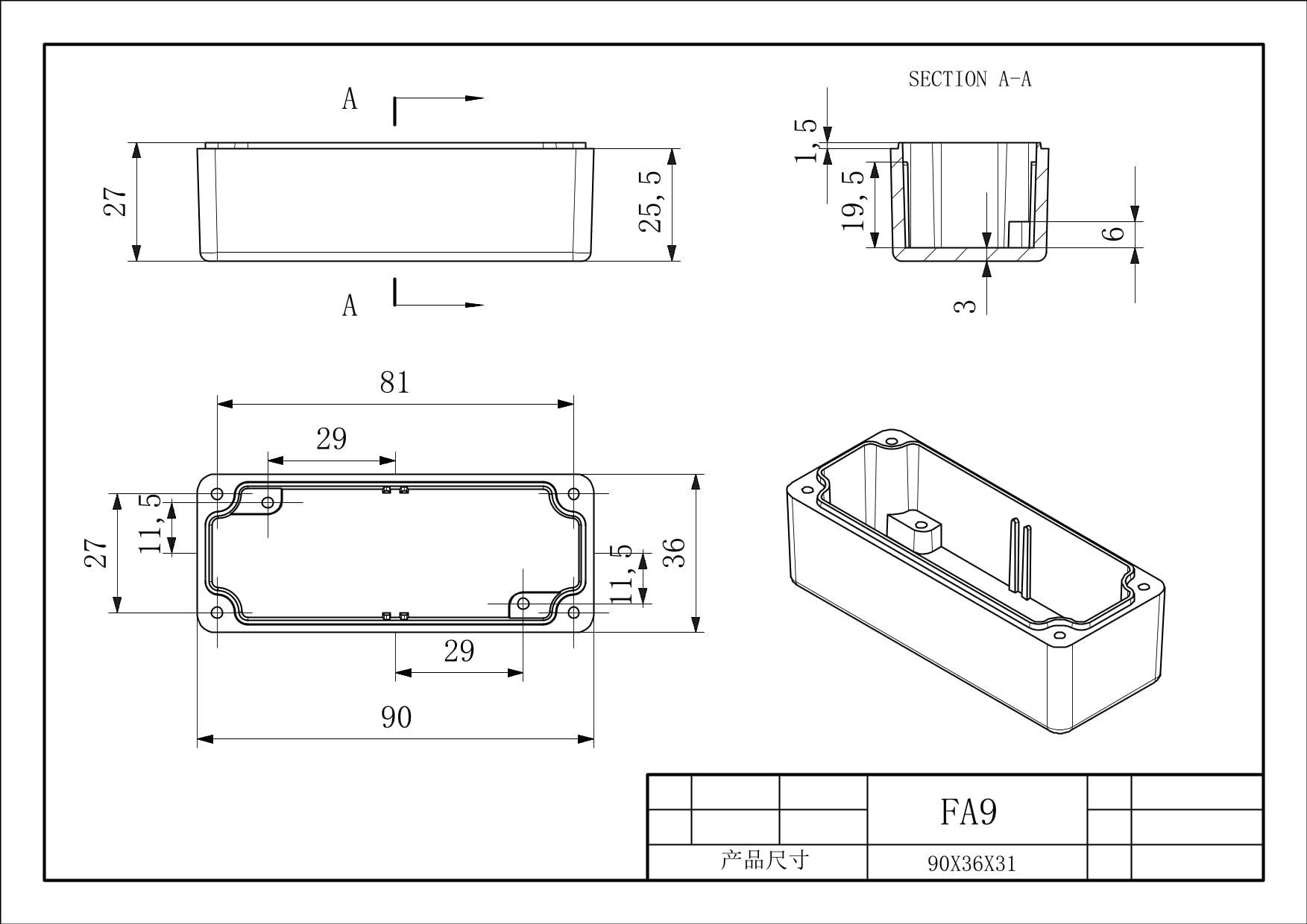 EDI-TRONIC custodia industriale vuota in alluminio 90x36x31mm FA9 IP66