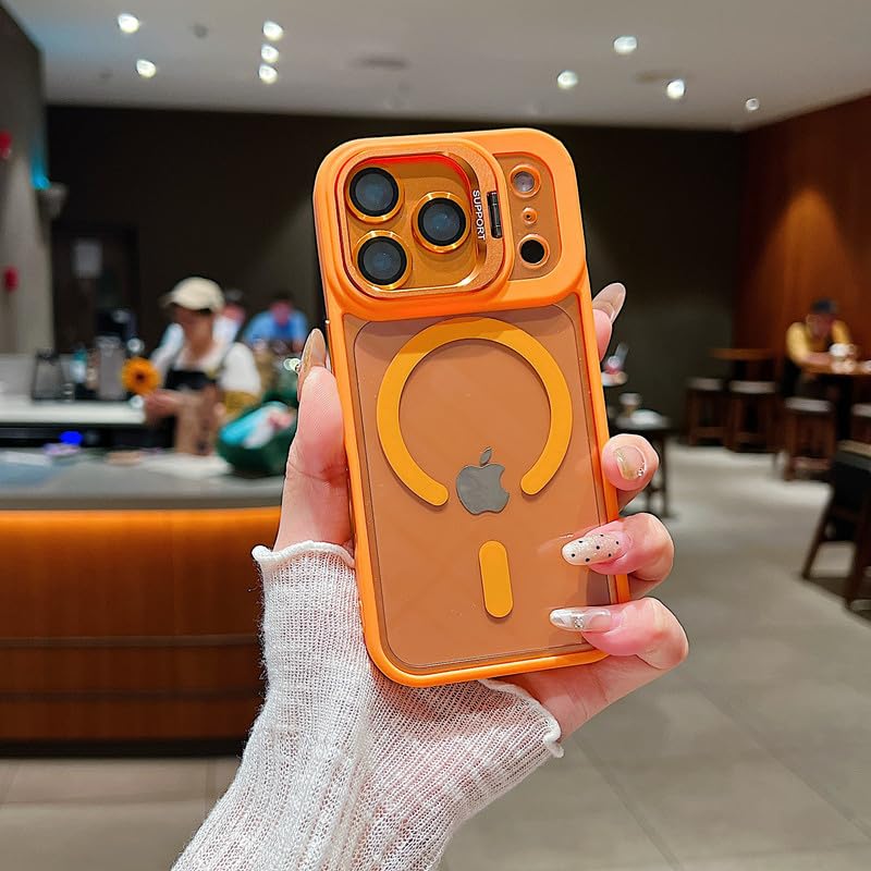 Image of LuxuryKase MagSafe Clear Case for iPhone 17 Pro | Shockproof Transparent Cover with Camera Lens Protection | Metal Ring Stand & Wireless Charging Support - Orange