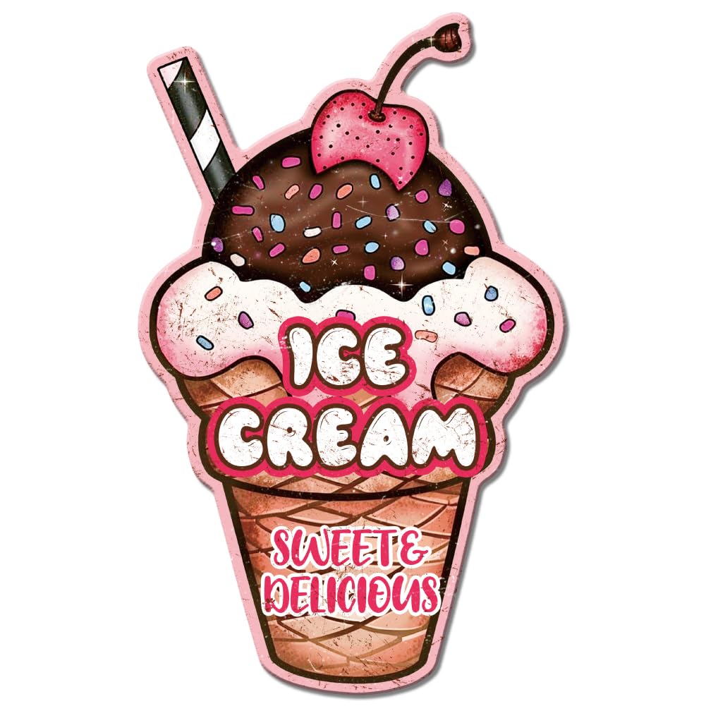 GLOBLELAND "Ice Cream Sweet Delicious" Vintage Metal Tin Sign Retro Food Plaque Poster Metal Wall Decorative Tin Signs for Home Kitchen Cafes Bars Fast Food Restaurants