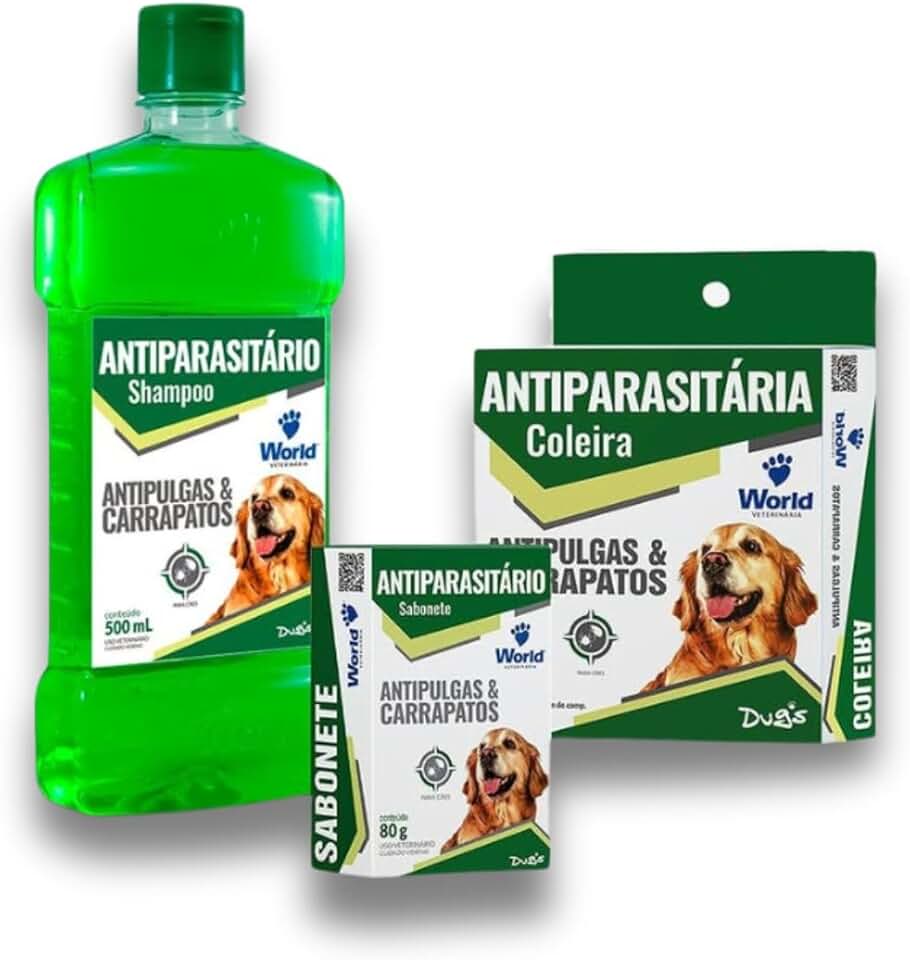 Shampoo Sabonete e Coleira Dugs Antipulgas Carrapatos Para Cães World Veterinária