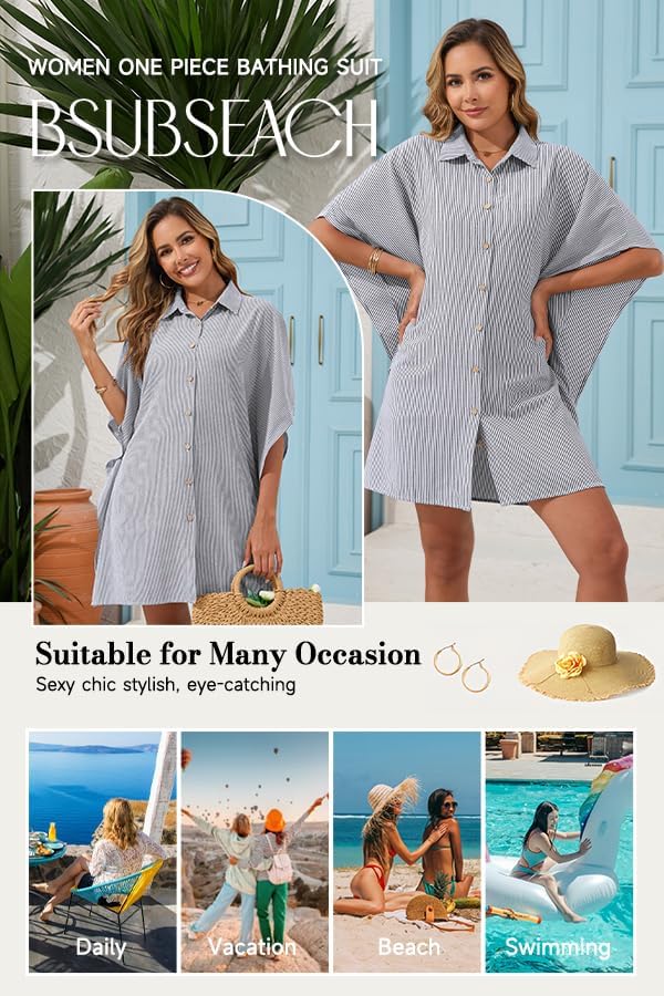 Bsubseach Swimsuit Cover Up Shirt 3/4 Sleeve Beach Coverup Oversized Button Down Shirts Bikini Bathing Suit - Image 4