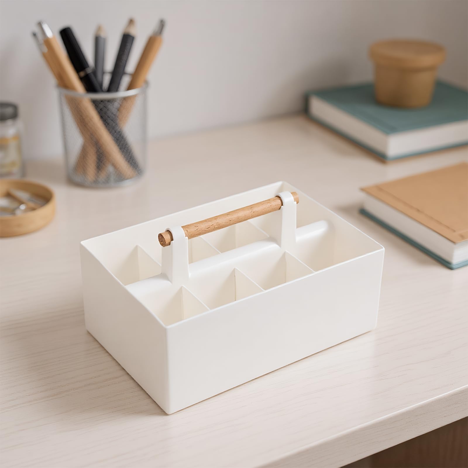 MultiBey Stackable Organizer Caddy Portable Tote Plastic Caddy with Wooden Handle, DIY Divided Basket for Office, Crafts, Home or School Supplies Rectangle (White) - Image 3