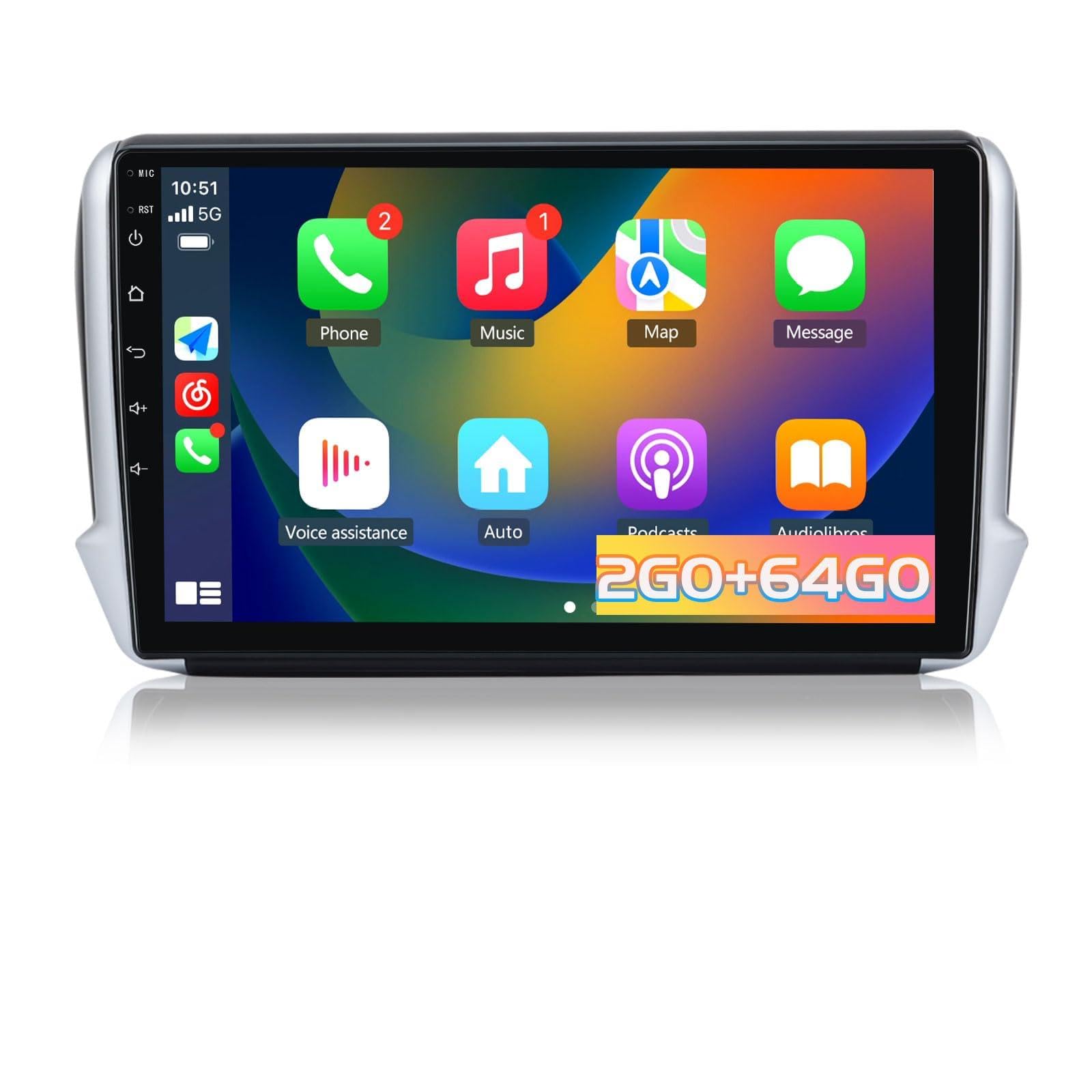 Autoradio Carplay pour Peugeot 208/2008 (2012-2018), Écran 10,1 Pouces 2Go+64Go, CarPlay & Android Auto,GPS WiFi Bluetooth FM, Commandes au Volant, Aide au Parking