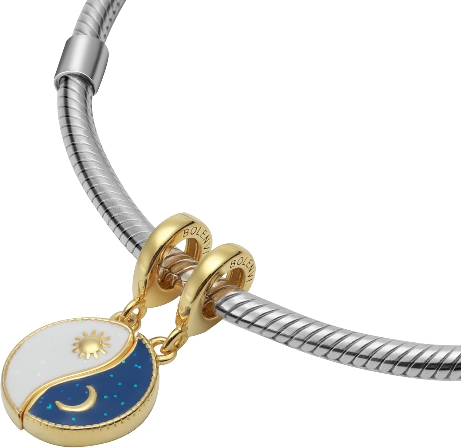 2pc Splittable Sun Moon Sparkling Yin & Yang 925 Sterling Silver Charm Bead For Pandora & Similar Charm Bracelets or Necklaces
