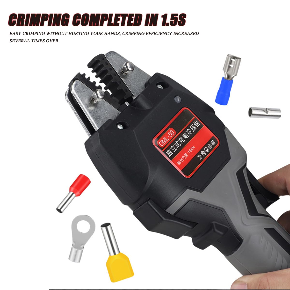 Kit di crimpatura elettrica, crimpatrice per capicorda con 7 stampi, 2 batterie, avvio a un pulsante, illuminazione a LED, connettori non isolati per terminali elettrici