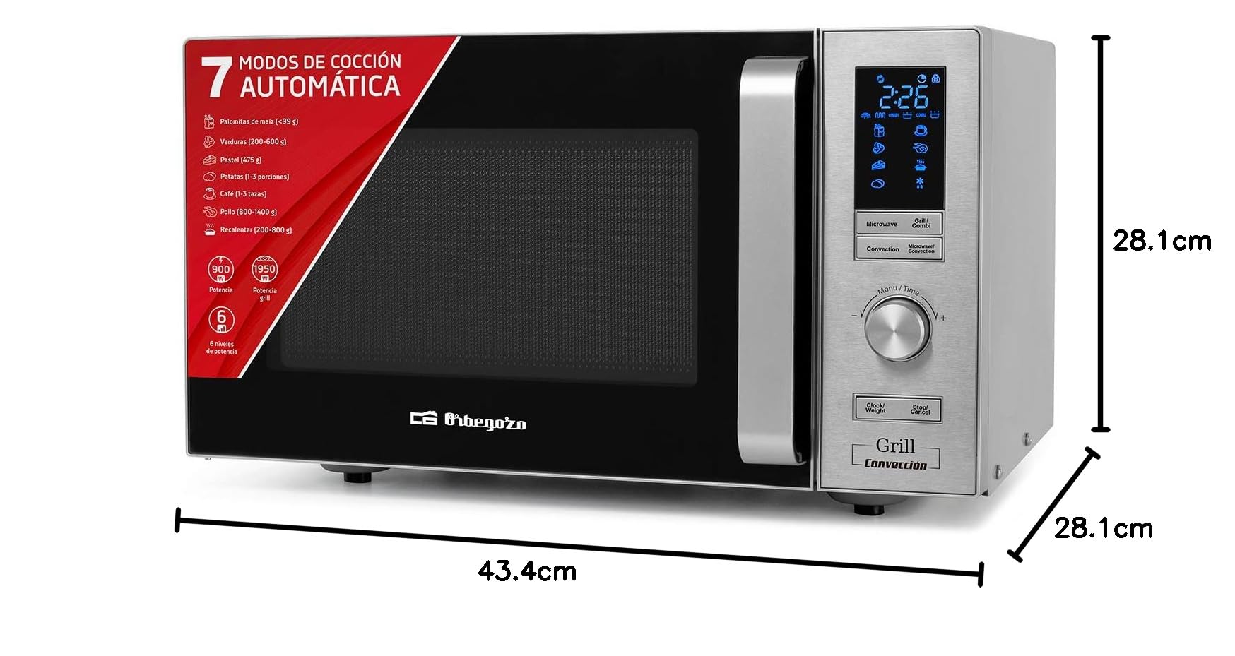 Orbegozo Mig 2528 Co - Microondas Grill Y Convección, 25 L, 6 Niveles De Potencia, Display Digital Led, 7 Menús Preconfigurados, Temporizador, Programa Descongelación, 900-1950 W