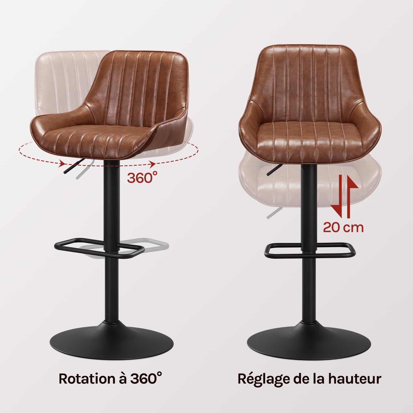 WOLTU Tabouret Bar, Chaise Haute Cuisine, Réglable en Hauteur, avec Accoudoirs et Dossier, Siège Rembourré, pour Ilôt Central Cuisine, Bar, Restaurant, en Faux Cuir Ciré + Métal, Brun