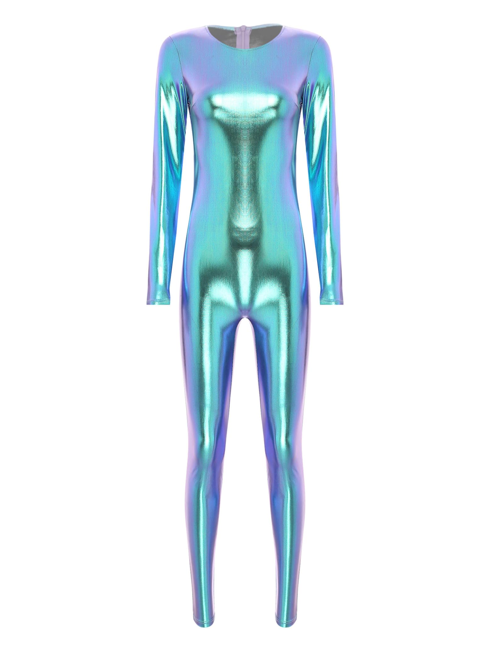 Mono de Gimnasia Rítmica para Mujer Bodies de Danza Brillante Metálico Mono Largo de Cuello Redondo Jumpsuit Traje de Cuerpo Entero Disfraz S-3XL