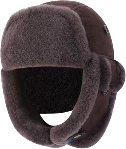 Harssidanzar Aviator Hat for Men Women Genuine Sheepskin Shearling Leather Winte